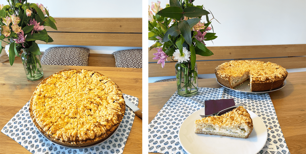 fertig gebackener Rhabarberkuchen mit Streuseln