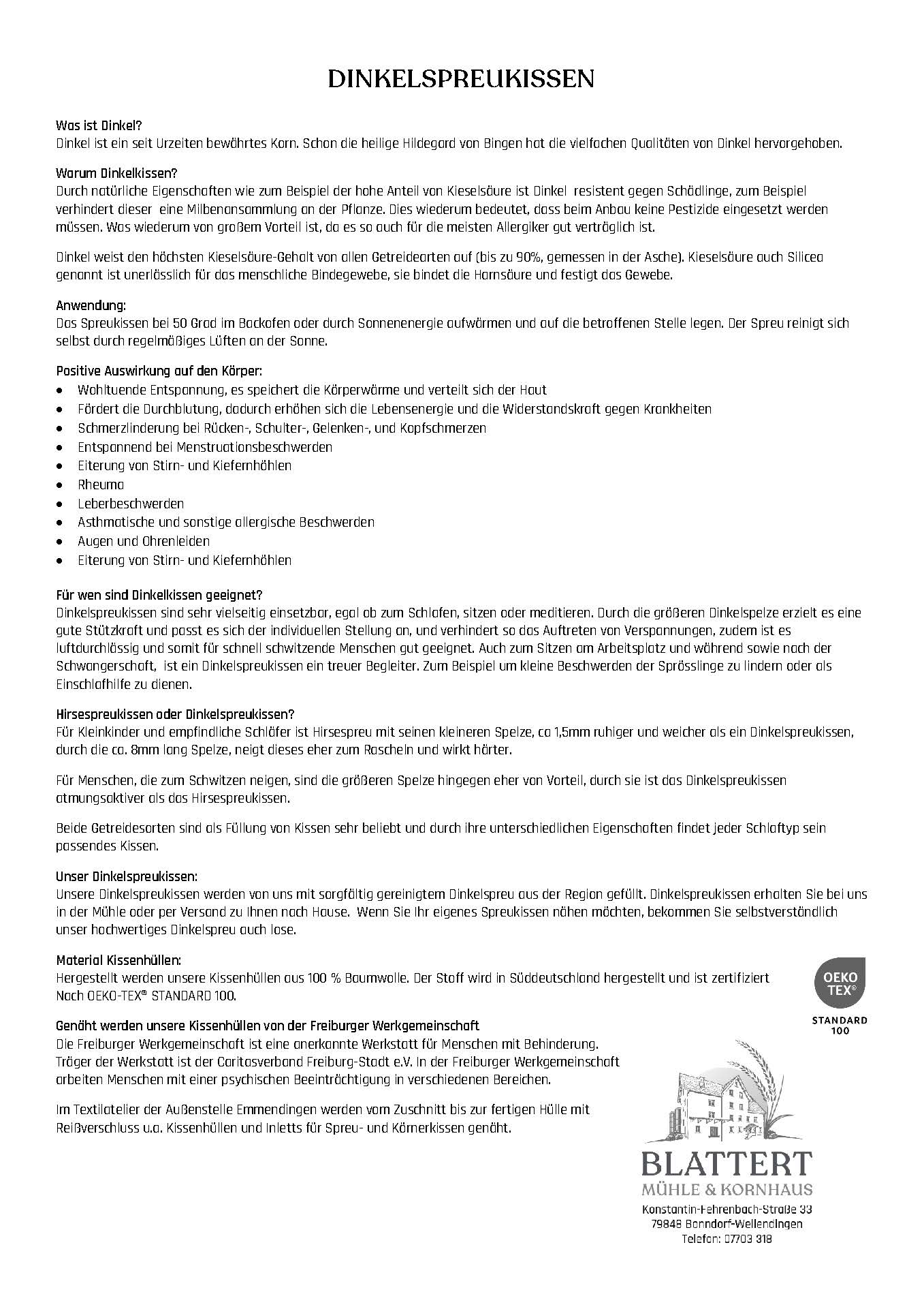 Infoblatt Dinkelspreukissen